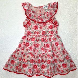 Nicole Miller Size 5 Girls Pink Flower Print Pom Pom Trim Cotton Dress